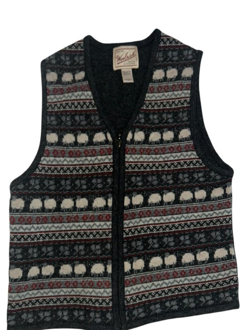 woolrich vintage classic Fair Isle Sheep gray zip up wasitcoat vest sweater M